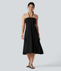Halter Tie Back A-Line Midi Dress with Pockets