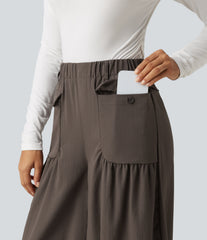 High Waisted Ruched Stacked Baggy Casual Linen-Feel Joggers with Pockets