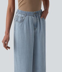 Mid Rise Draped Wide Leg Casual Jeans with Pockets