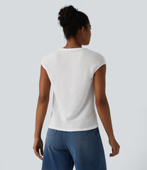 V-neck Cap Sleeve Waffle Casual Top with Pocket