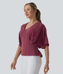 Deep V-neck Batwing Sleeve Tie-back Casual Top