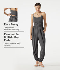 Adjustable Straps Ruched Built-in Bra Heathered Casual Jogger Jumpsuit with Pockets-Easy Peezy