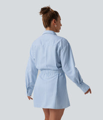 Long Sleeve Belted Stripe Mini Casual Shirt Dress