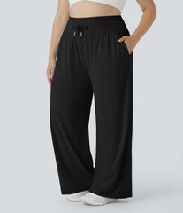 High Waisted Drawstring Pocket Wide Leg InstantCool Casual Plus Size Pants-UPF50+