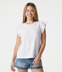 Round Neck Flounce Sleeve Embroidery Eyelet Casual Top
