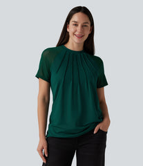 Round Neck Raglan Short Sleeve Contrast Mesh Casual Blouse
