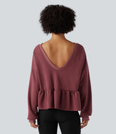 V Back Long Sleeve Ruffle Hem Casual Sweatshirt