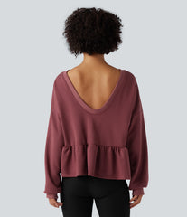 V Back Long Sleeve Ruffle Hem Casual Sweatshirt
