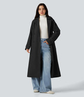 Removable Hood Notched Collar Long Sleeve Belted Longline Casual Anorak Jacket with Pockets