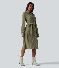 Ribbed Knit Long Sleeve Belted Midi Work Dress