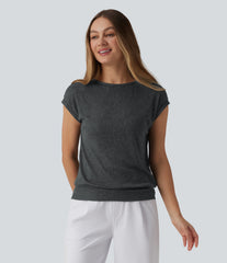 Ribbed Knit Round Neck Cap Sleeve Work Wool-Blend Top