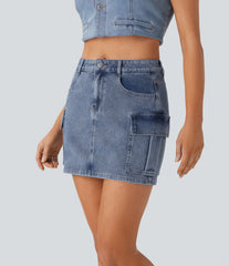 Halara Flex™ Mid Rise Zipper Pockets Denim Mini Casual Cargo Skirt