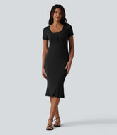 Ribbed Knit Henley Short Sleeve Midi Bodycon Mermaid Casual Dress