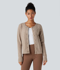 Round Neck Long Sleeve Cable Knit Work Cardigan