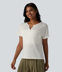 Semi Sheer V-neck Short Sleeve Lyocell Casual T-Shirt
