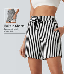 High Waisted Drawstring 2-in-1 Stripe Yoga Shorts 7'' with Pockets