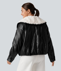 Faux Fur Collar Zip Fly Casual Faux Leather Jacket with Pockets