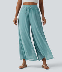 High Waisted Drawstring Wide Leg Flowy Mesh Casual Pants with Pockets