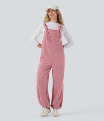 Tie Front Cinchable Hem Chenille Waffle Casual Overalls with Pockets