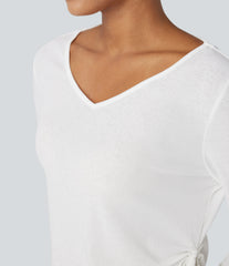 Deep V-neck Long Sleeve Drawstring Hem Casual Top