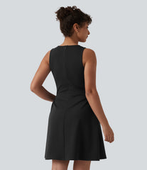 Round Neck Sleeveless Ruched Mini Work Dress with Pockets