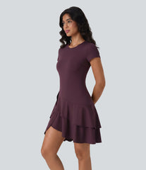 SoftlyZero™ Airy Round Neck Short Sleeve Layered Ruffle Hem InstantCool Mini Casual Dress