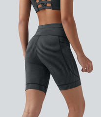 High Waisted Drawstring Striped Yoga Biker Shorts 7'' with Pockets
