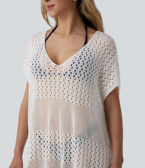 V-neck Split Hem Hollow Out Resort Cover Up Dress