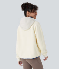 Hooded Drawstring Half Zip Long Sleeve Pocket Color Block Fleece Hiking Jacket