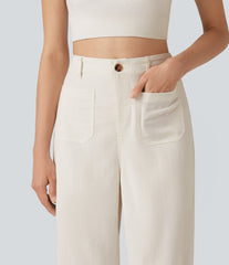 High Waisted Straight Leg Casual Linen-Feel Pants with Pockets