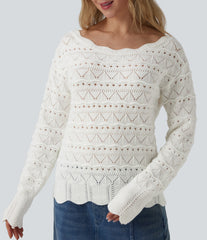 Boat Neck Long Sleeve Open Knit Casual Sweater