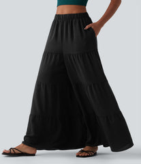 High Waisted Wide Leg Flowy Linen-Feel Pants with Pockets