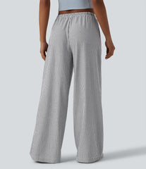 Low Rise Drawstring Stripes Linen-Feel Casual Baggy Pants with Pockets