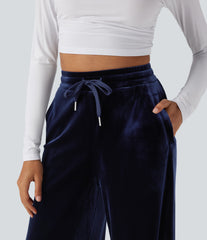 High Waisted Drawstring Wide Leg Velvet Casual Pants with Pockets