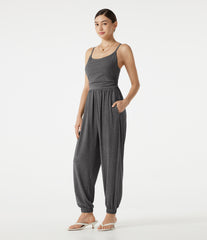Adjustable Straps Ruched Built-in Bra Heathered Casual Jogger Jumpsuit with Pockets-Easy Peezy