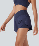 Breezeful™ High Waisted Crossover 2-in-1 Pocket Contrast Lace Quick Dry Yoga Shorts 3''