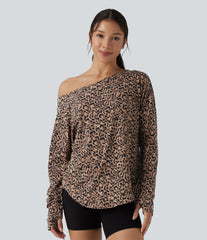 SoftlyZero™ Leopard Print One Shoulder Long Sleeve Thumb Hole Curved Hem Yoga Sports Top-UPF40+