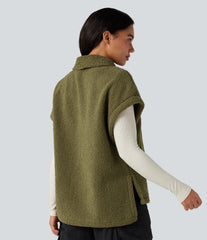 Stand Collar Cap Sleeve Color Block Hiking Sherpa Vest with Pockets