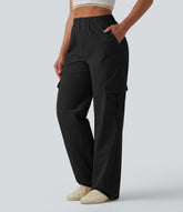 Mid Rise Straight Leg Stretchy Poplin Casual Pants with Pockets