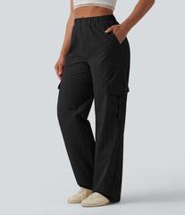 Mid Rise Straight Leg Stretchy Poplin Casual Pants with Pockets