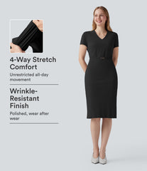 Wrinkle-resistant V Neck Short Sleeve Midi Work Dress