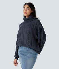 High Neck Long Sleeve Cable Knit Casual Sweater
