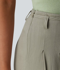 Mid Rise Belted Wide Leg Casual Linen-Feel Pants with Pockets