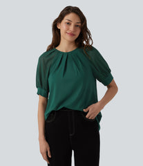 Round Neck Short Sleeve Casual Blouse-Front and Back Wearable