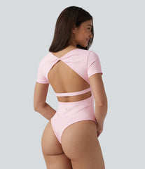 Twisted Backless U-neck Short Sleeve Skinny Casual Bodysuit