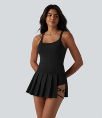 Crisscross Backless U-Neck Pleated Asymmetric Hem Mini 2-in-1 Built-in Bra Dance Active Slip Dress with Pockets