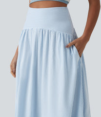 High Waisted Midi Stripes Crinkle Cotton Casual Flowy Skirt with Pockets