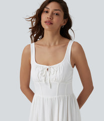 U Neck Tie Front Corset Midi Casual Linen-Feel Dress