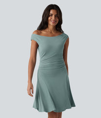 Ribbed Off Shoulder Non-Removable Pad Mini Casual Dress