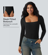 Ribbed Knit Square Neck Long Sleeve Skinny Casual Bodysuit